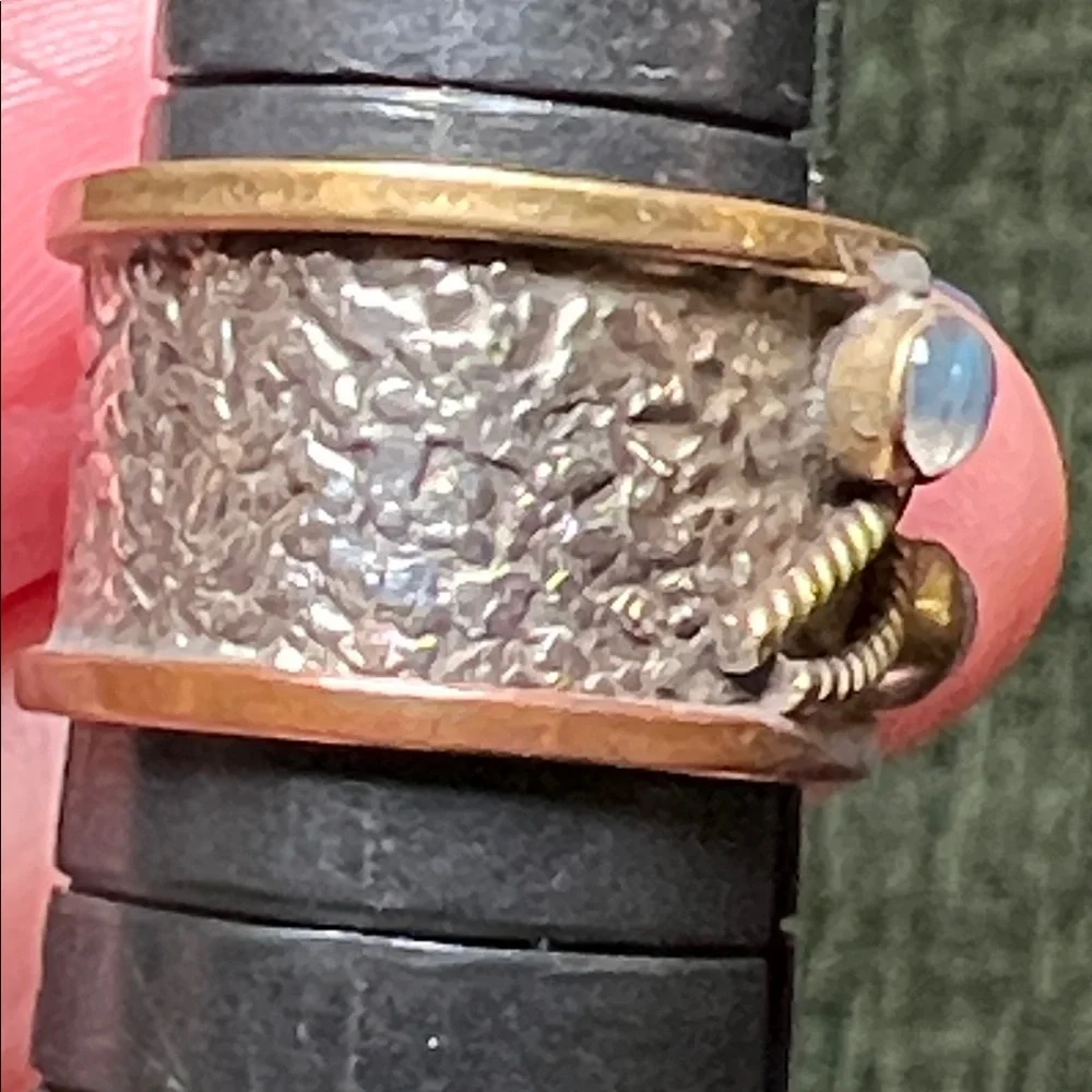 Artisan Moonstone Sterling Silver Cooper Brass Textured Wide Cigar Band Ring